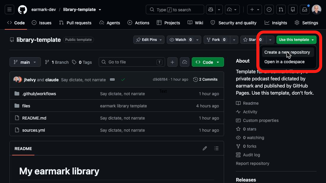 The library-template repo on GitHub, with the Use this template menu open and Create a new repository highlighted.