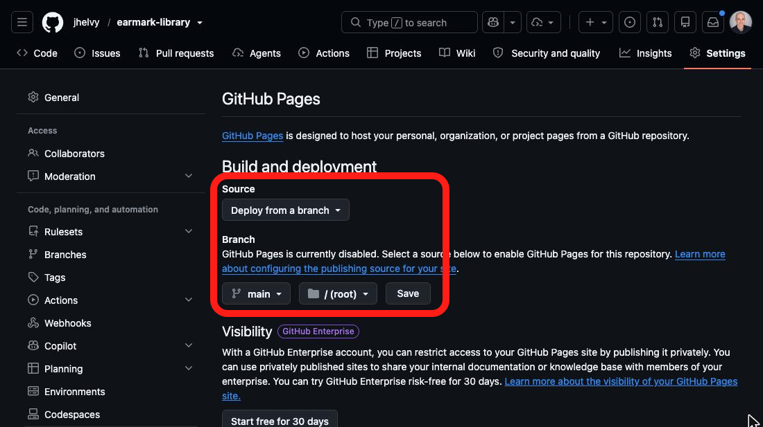 The Pages settings of the new repo: Source is Deploy from a branch, the branch is main and the folder is root.