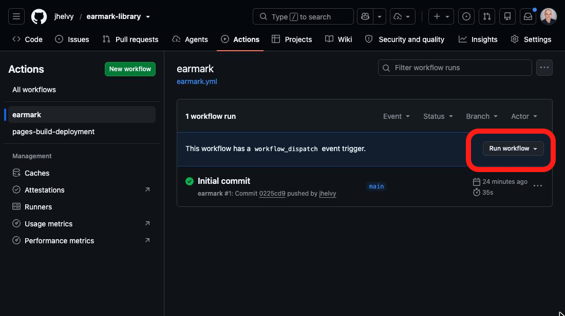 The Actions tab with the earmark workflow selected, showing one finished run named Initial commit.