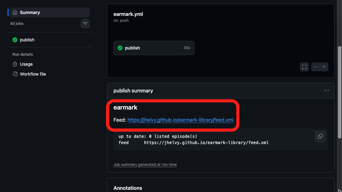 The summary of a finished earmark run, showing the feed URL.